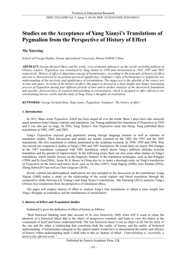 Studies on the Acceptance of Yang Xianyi's Translations of Pygmalion from the Perspective of History of Effect