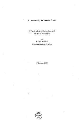 A Commentary on Solon's Poems a Thesis Submitted for the Degree Of