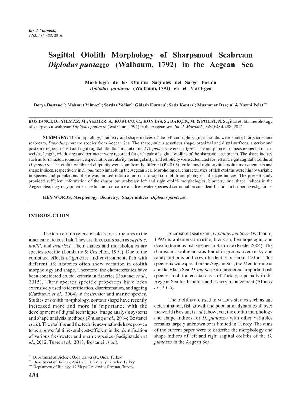 Sagittal Otolith Morphology of Sharpsnout Seabream Diplodus Puntazzo (Walbaum, 1792) in the Aegean Sea