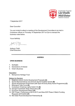 7 September 2017 Dear Councillor You Are Invited to Attend a Meeting of the Development Committee to Be Held in Cookstown Office