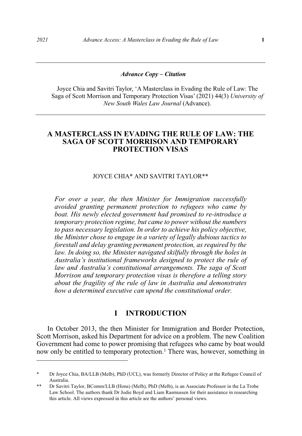 The Saga of Scott Morrison and Temporary Protection Visas’ (2021) 44(3) University of New South Wales Law Journal (Advance)