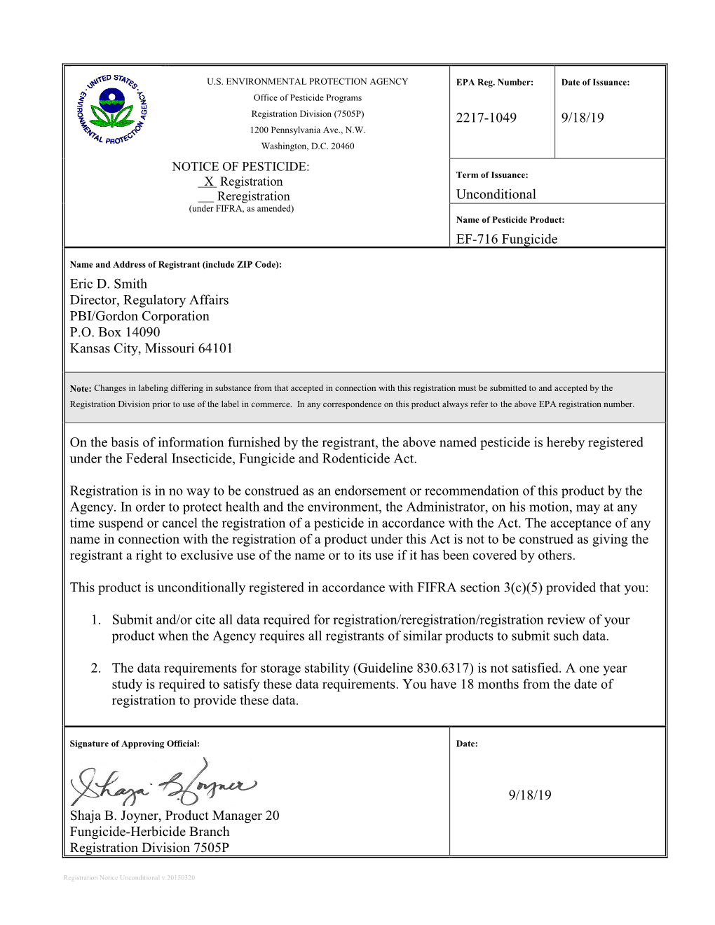 US EPA, Pesticide Product Label, EF-716 FUNGICIDE,09/18/2019