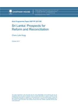 Sri Lanka: Prospects for Reform and Reconciliation