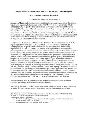Review Report for Aluminum Oxide (CASRN 1344-28-1) Partial Exemption