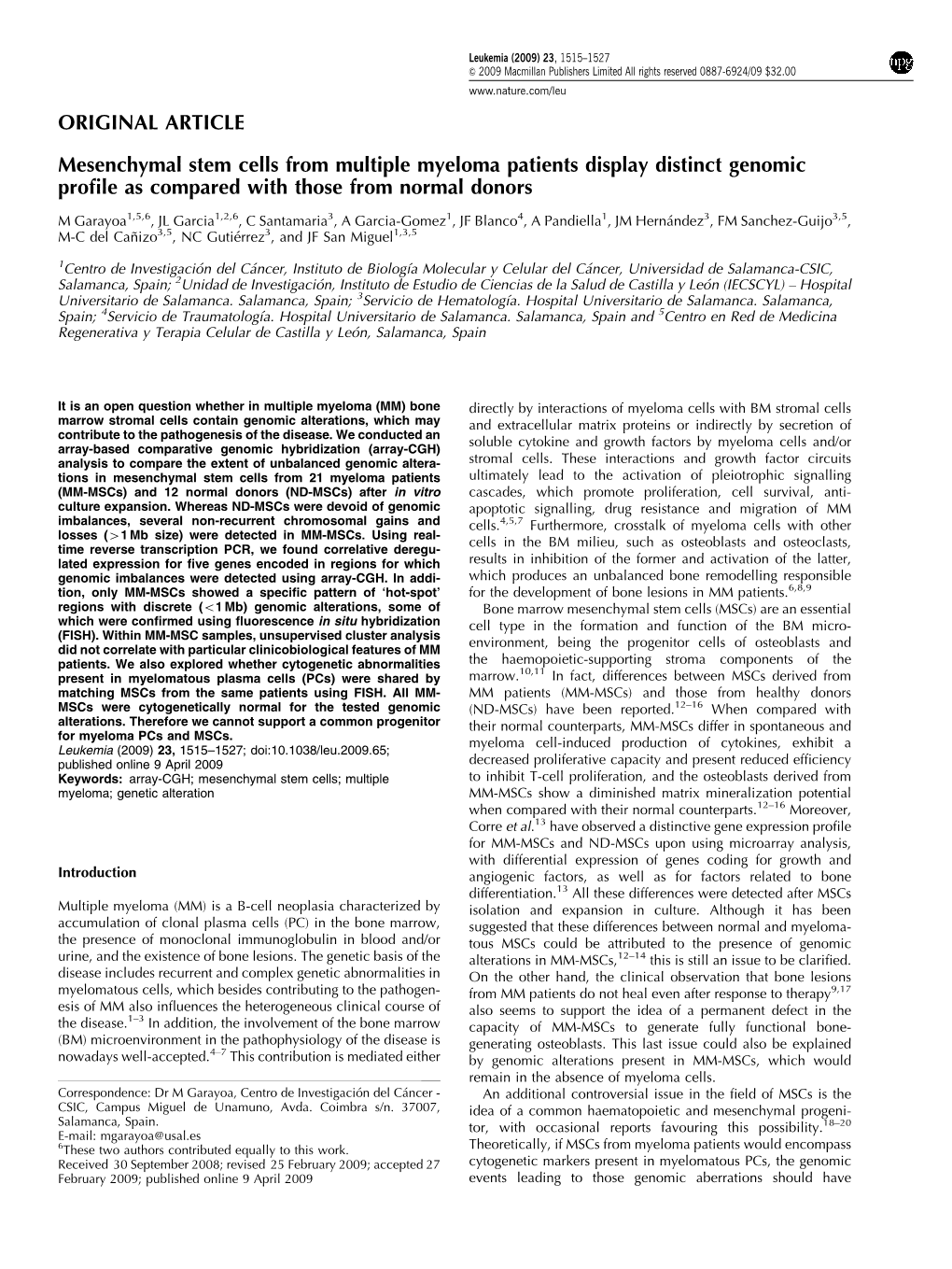 Mesenchymal Stem Cells from Multiple Myeloma Patients Display Distinct Genomic Proﬁle As Compared with Those from Normal Donors