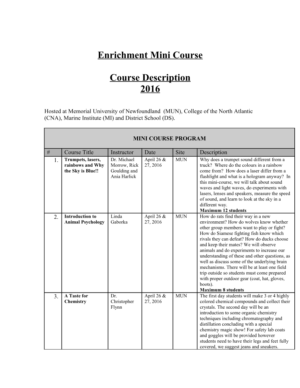 Enrichment Mini-Course