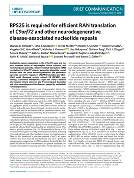 RPS25 Is Required for Efficient RAN Translation of C9orf72 and Other Neurodegenerative Disease-Associated Nucleotide Repeats