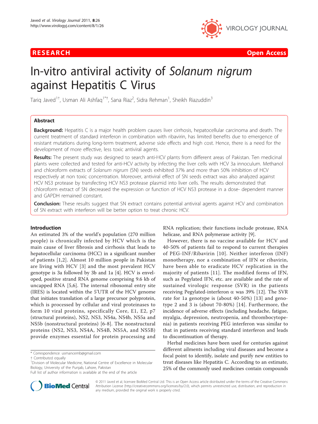 In-Vitro Antiviral Activity of Solanum Nigrum Against Hepatitis C Virus Tariq Javed1†, Usman Ali Ashfaq1*†, Sana Riaz2, Sidra Rehman1, Sheikh Riazuddin3
