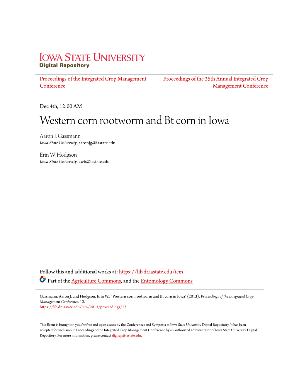 Western Corn Rootworm and Bt Corn in Iowa Aaron J