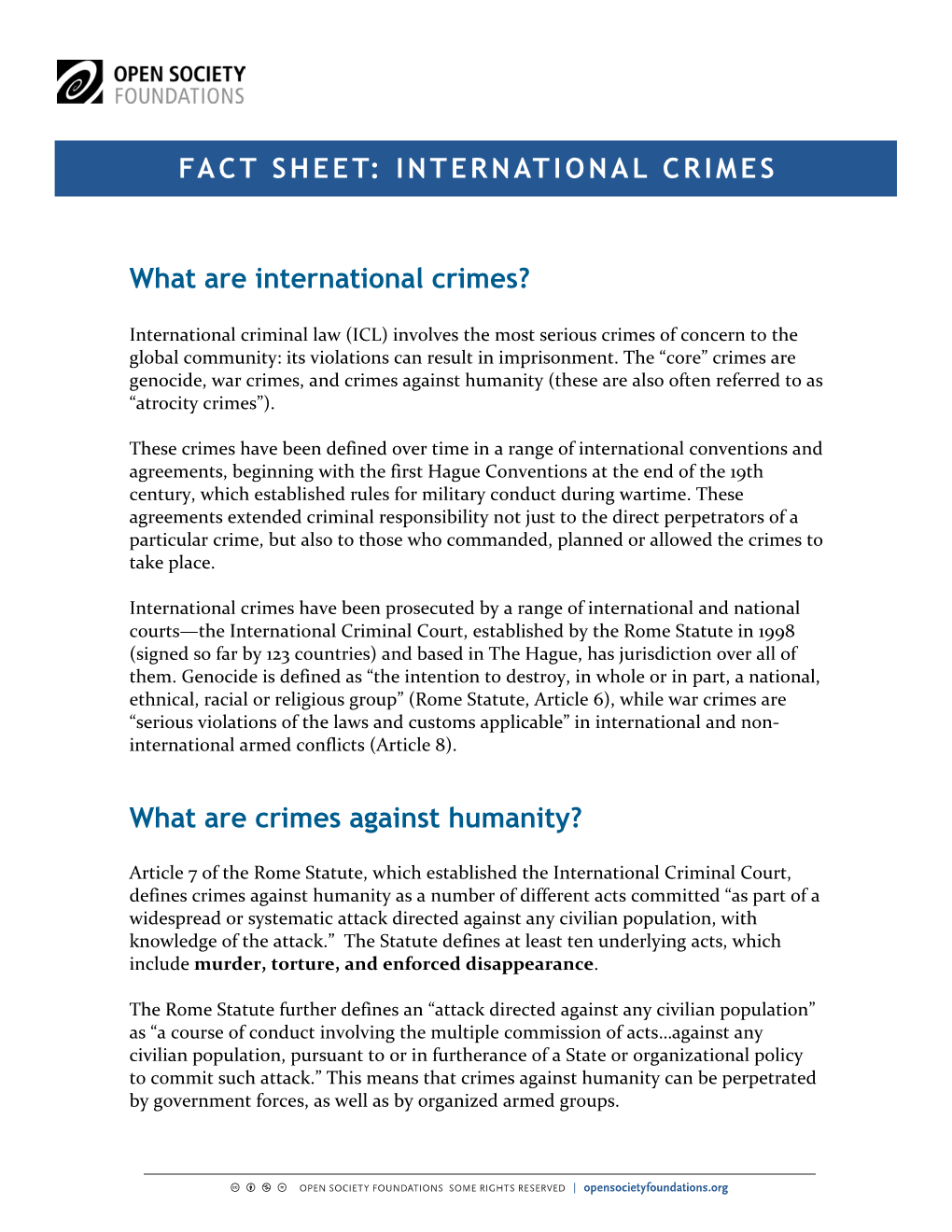 What Are International Crimes? What Are Crimes Against Humanity? FACT SHEET: INTERNATIONAL CRIMES