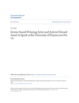 Emmy Award-Winning Actor and Activist Edward Asner to Speak at the University of Dayton on Oct