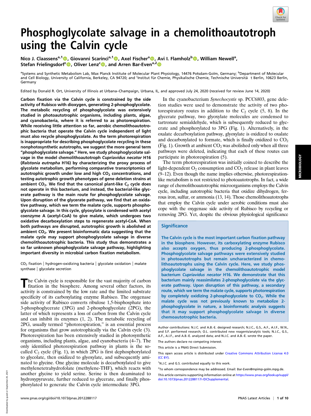 Phosphoglycolate Salvage in a Chemolithoautotroph Using the Calvin Cycle