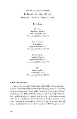 The SRPR Review Essay: to Write the Larger Scene: Notes on the New Political Lyric