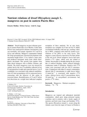 Nutrient Relations of Dwarf Rhizophora Mangle L. Mangroves on Peat in Eastern Puerto Rico