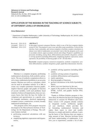 Application of the Maxima in the Teaching of Science Subjects at Different Levels of Knowledge