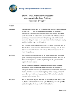 SMART TALK with Andrew Mazzone Interview with Dr. Fred Foldvary Transcript 9/16/2014