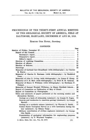 Proceedings of the Thirty-First Annual Meeting of the Geological Society of America, Held at Baltimore, Maryland, December 27 and 28, 1918