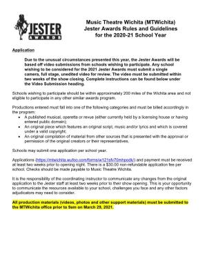Music Theatre Wichita (Mtwichita) Jester Awards Rules and Guidelines for the 2020-21 School Year