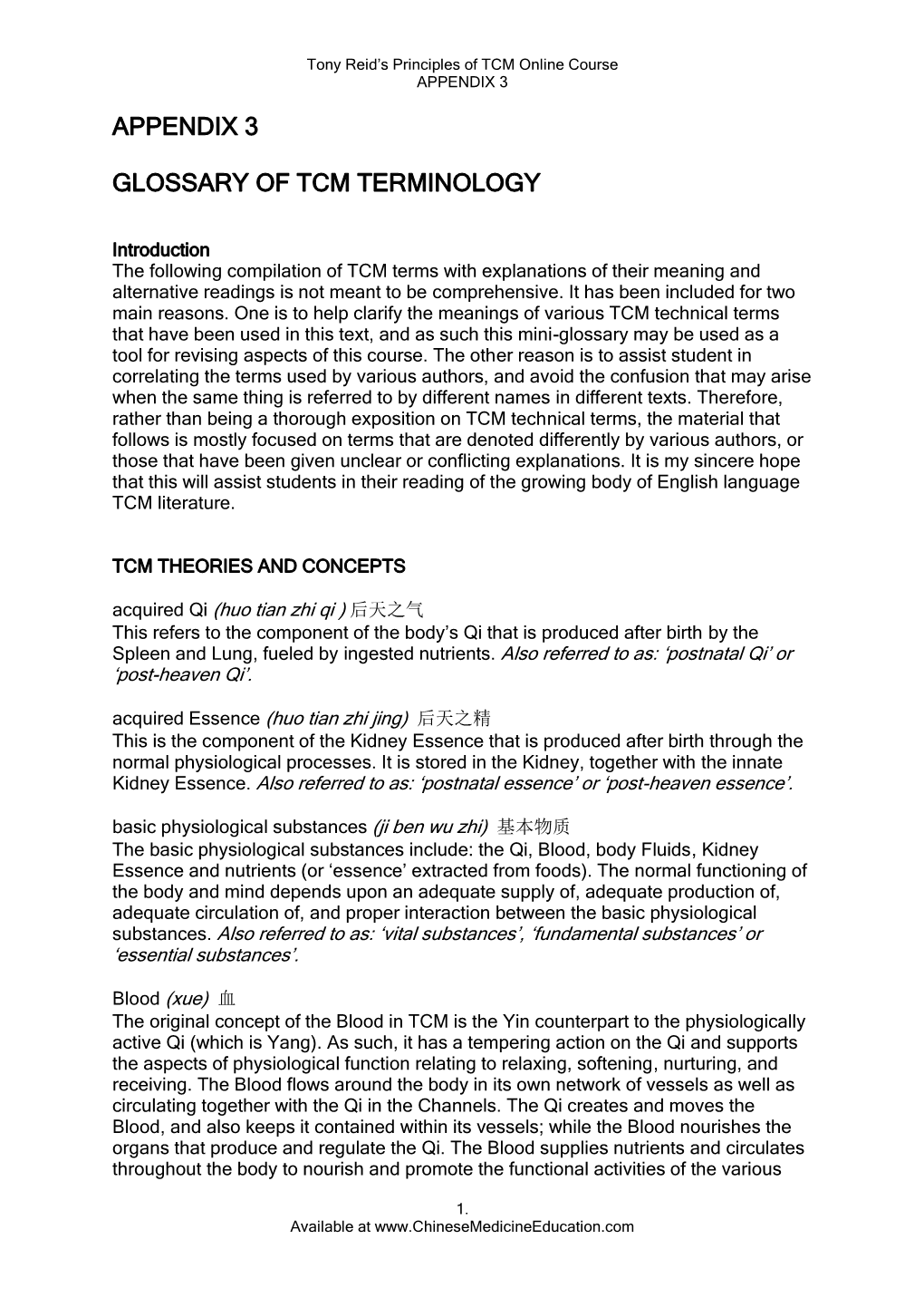 Appendix 3 Glossary of Tcm Terminology