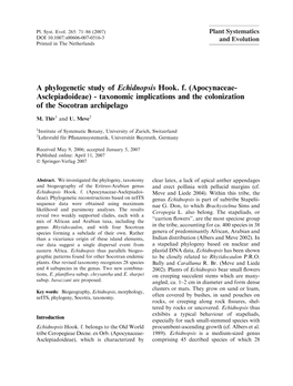 A Phylogenetic Study of Echidnopsis Hook. F. (Apocynaceae- Asclepiadoideae) - Taxonomic Implications and the Colonization of the Socotran Archipelago