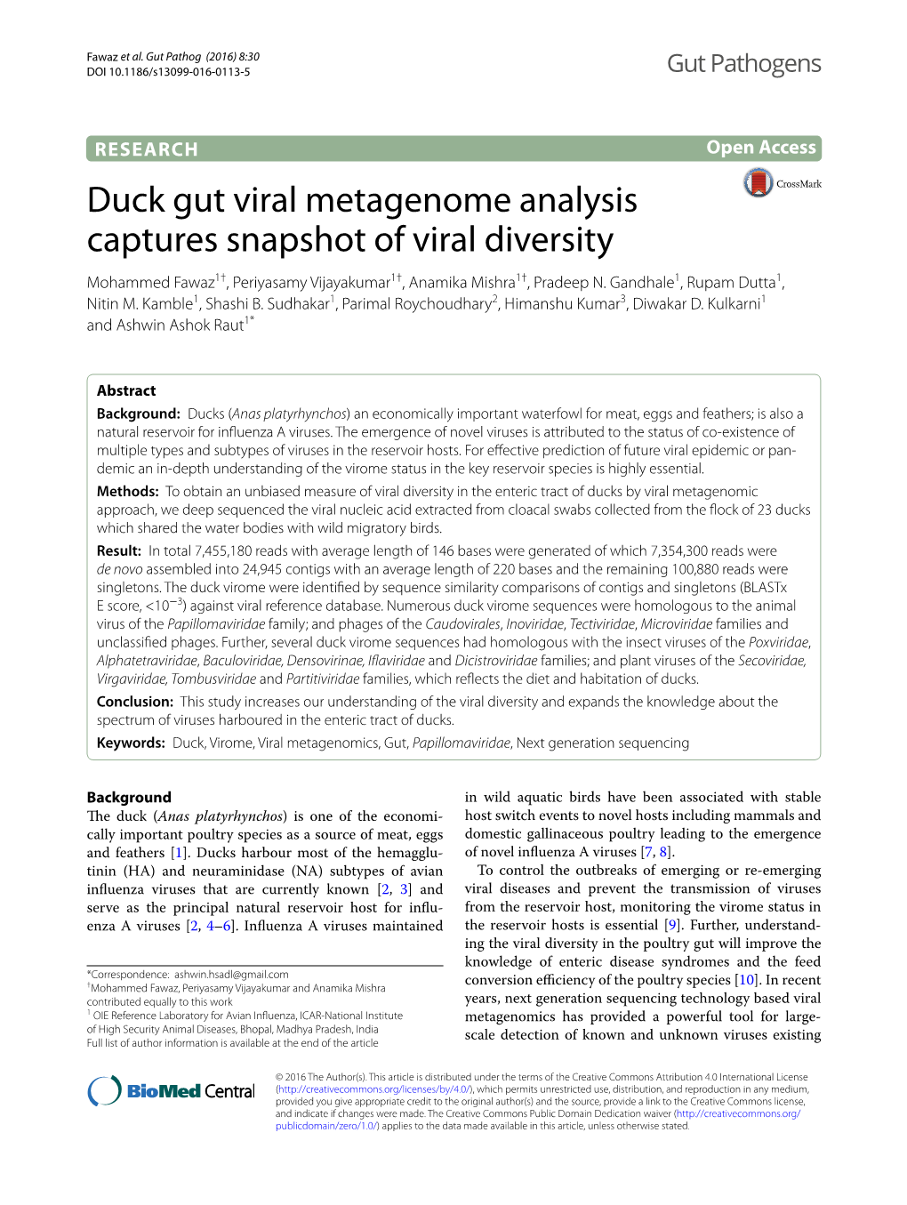 Duck Gut Viral Metagenome Analysis Captures Snapshot of Viral Diversity Mohammed Fawaz1†, Periyasamy Vijayakumar1†, Anamika Mishra1†, Pradeep N