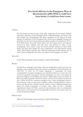 Two South Africans in the Portuguese Wars of Decolonization (1961-1975): It Could Have Been Better, It Could Have Been Worse