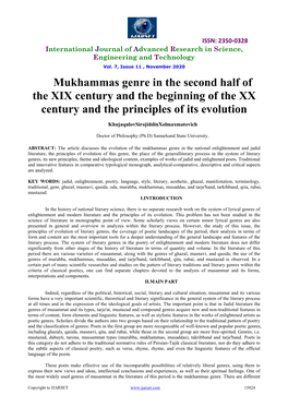 Mukhammas Genre in the Second Half of the XIX Century and the Beginning of the XX Century and the Principles of Its Evolution