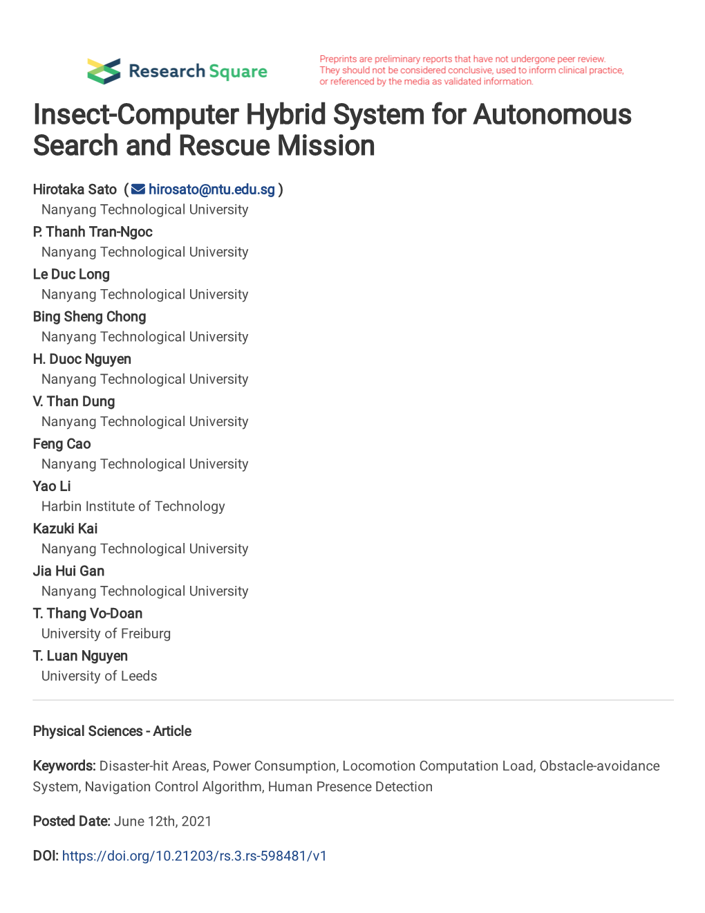 Insect-Computer Hybrid System for Autonomous Search and Rescue Mission