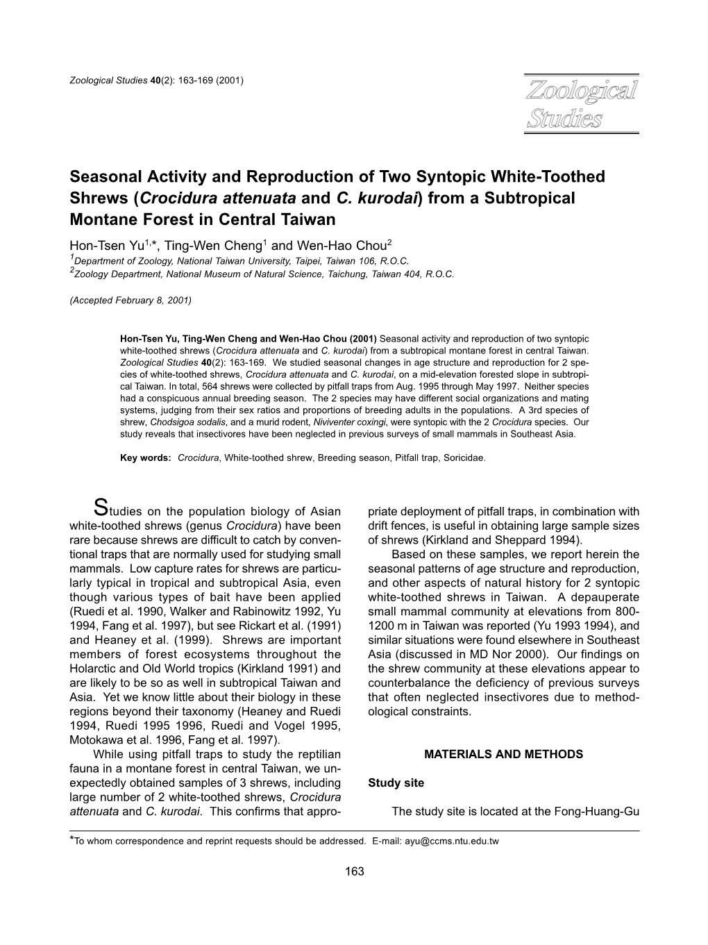 Seasonal Activity and Reproduction of Two Syntopic White-Toothed Shrews (Crocidura Attenuata and C. Kurodai) from a Subtropical