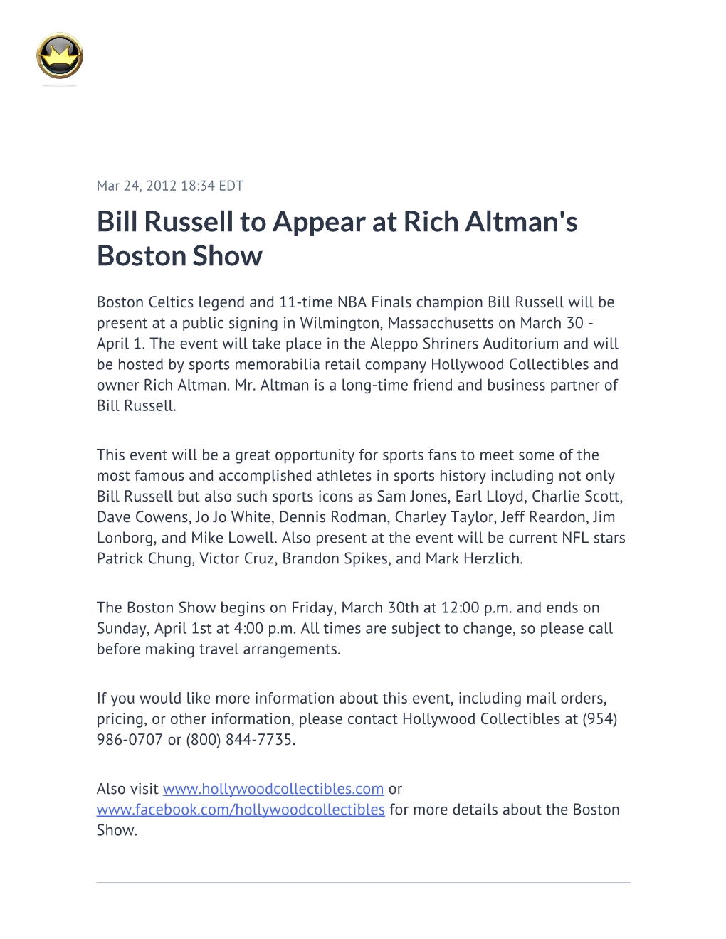 Bill Russell to Appear at Rich Altman's Boston Show