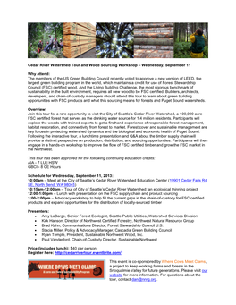 Cedar River Watershed Tour and Wood Sourcing Workshop – Wednesday, September 11