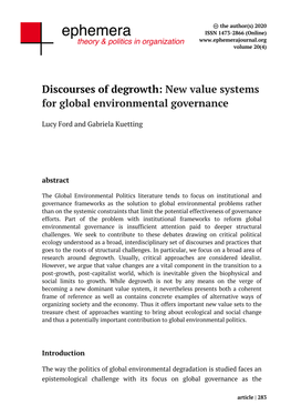 Discourses of Degrowth: New Value Systems for Global Environmental Governance