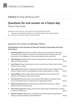 Future Oral Questions As of Thu 28 Feb 2019