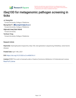 Iseq100 for Metagenomic Pathogen Screening in Ticks