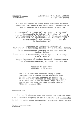 On-Line Separation of Short-Lived Tungsten Isotopes from Tantalum; Hafnium and Lutetium by Adsorption on Ion Exchangers from Aqueous Ammonia Solution