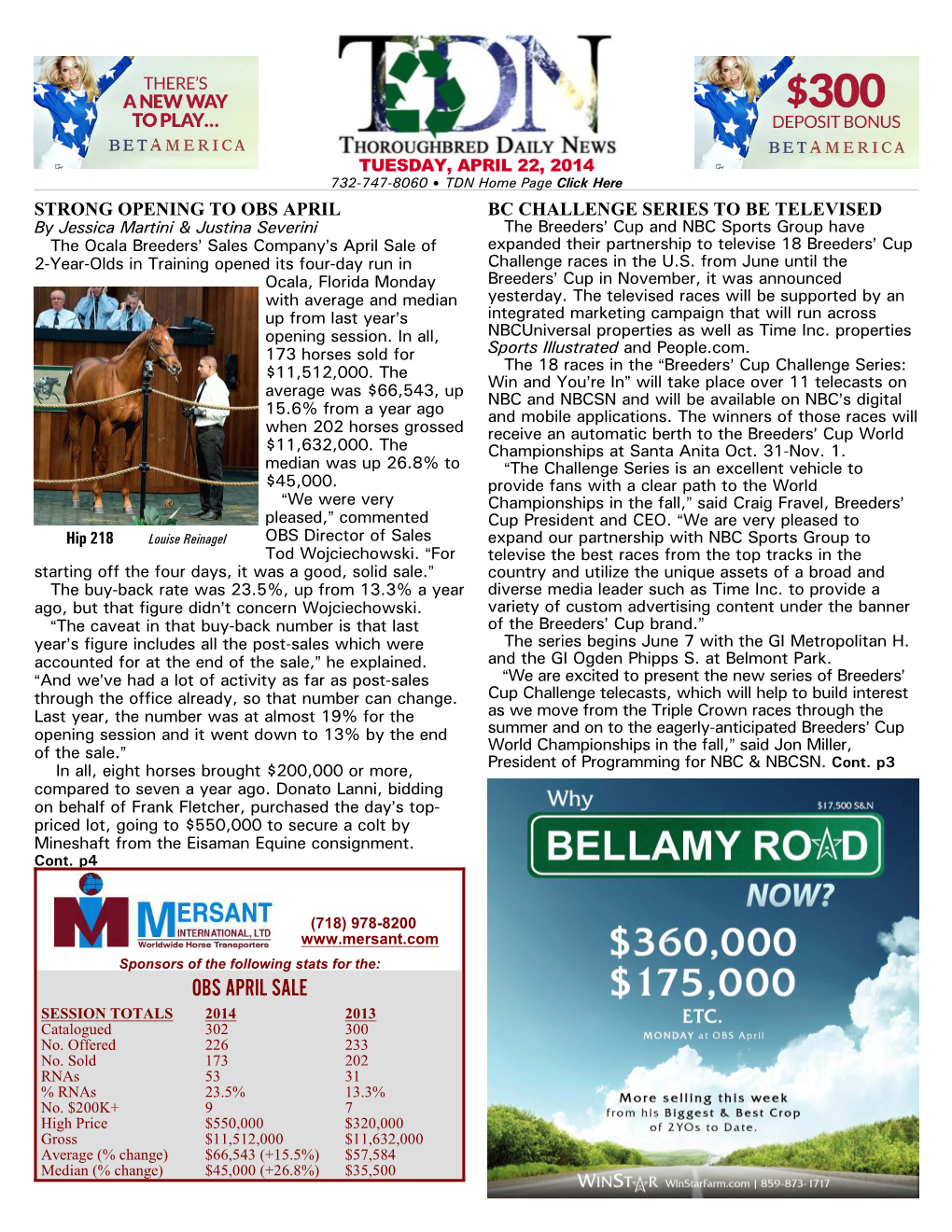 OBS APRIL SALE SESSION TOTALS 2014 2013 Catalogued 302 300 No
