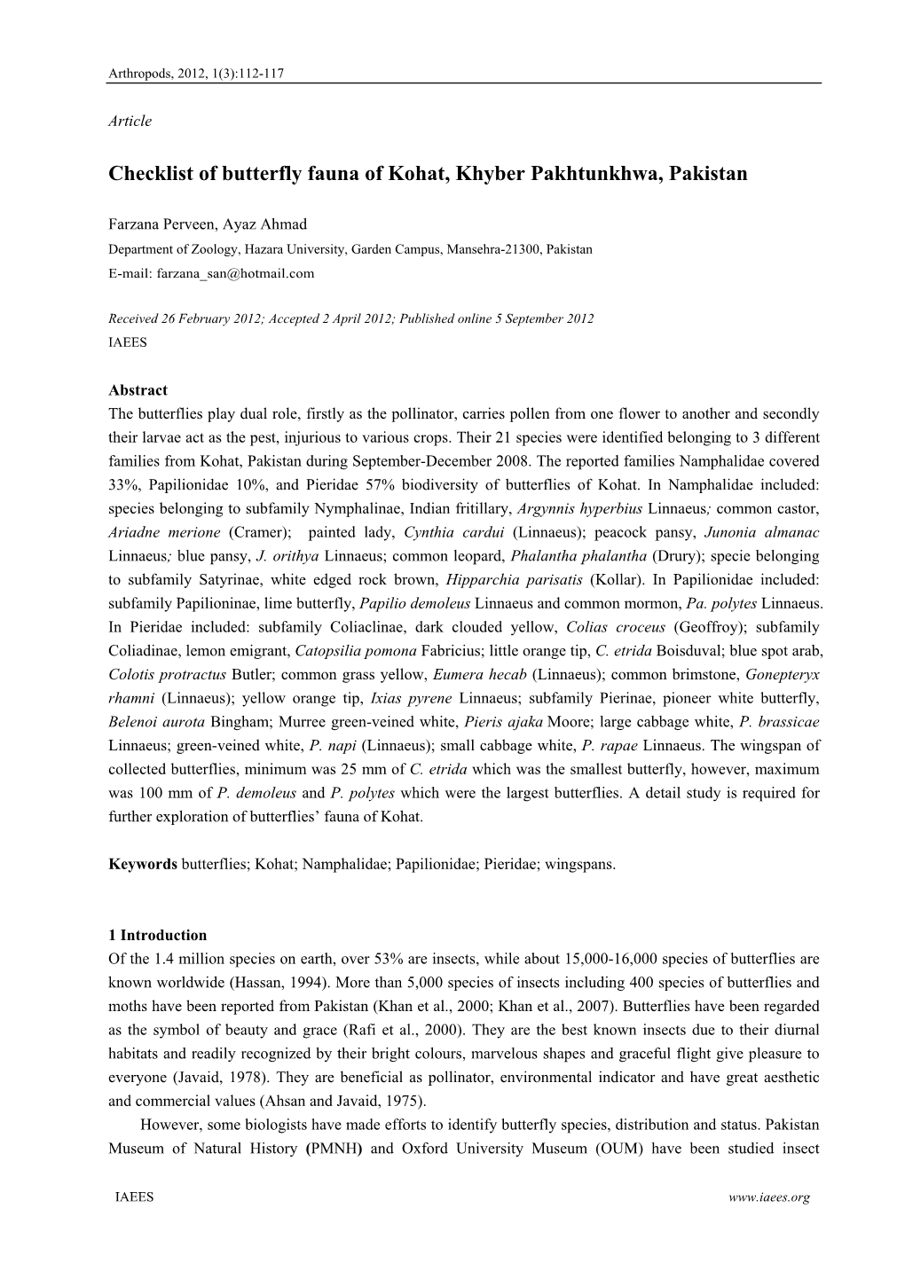 Checklist of Butterfly Fauna of Kohat, Khyber Pakhtunkhwa, Pakistan