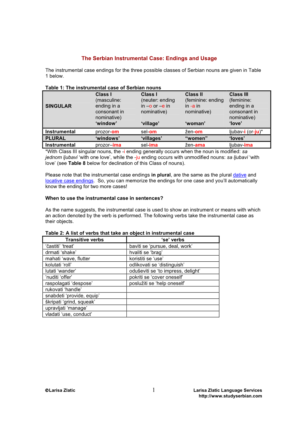 The Serbian Instrumental Case: Endings and Usage