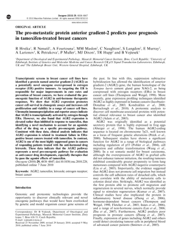 The Pro-Metastatic Protein Anterior Gradient-2 Predicts Poor Prognosis in Tamoxifen-Treated Breast Cancers