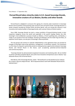 Pernod Ricard Takes Minority Stake in U.S. Based Sovereign Brands, Innovative Creators of Luc Belaire, Bumbu and Other Brands