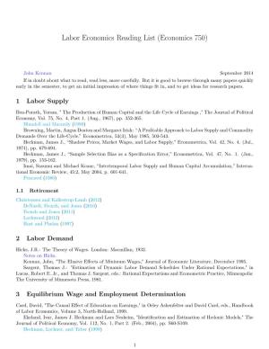 Labor Economics Reading List (Economics 750)