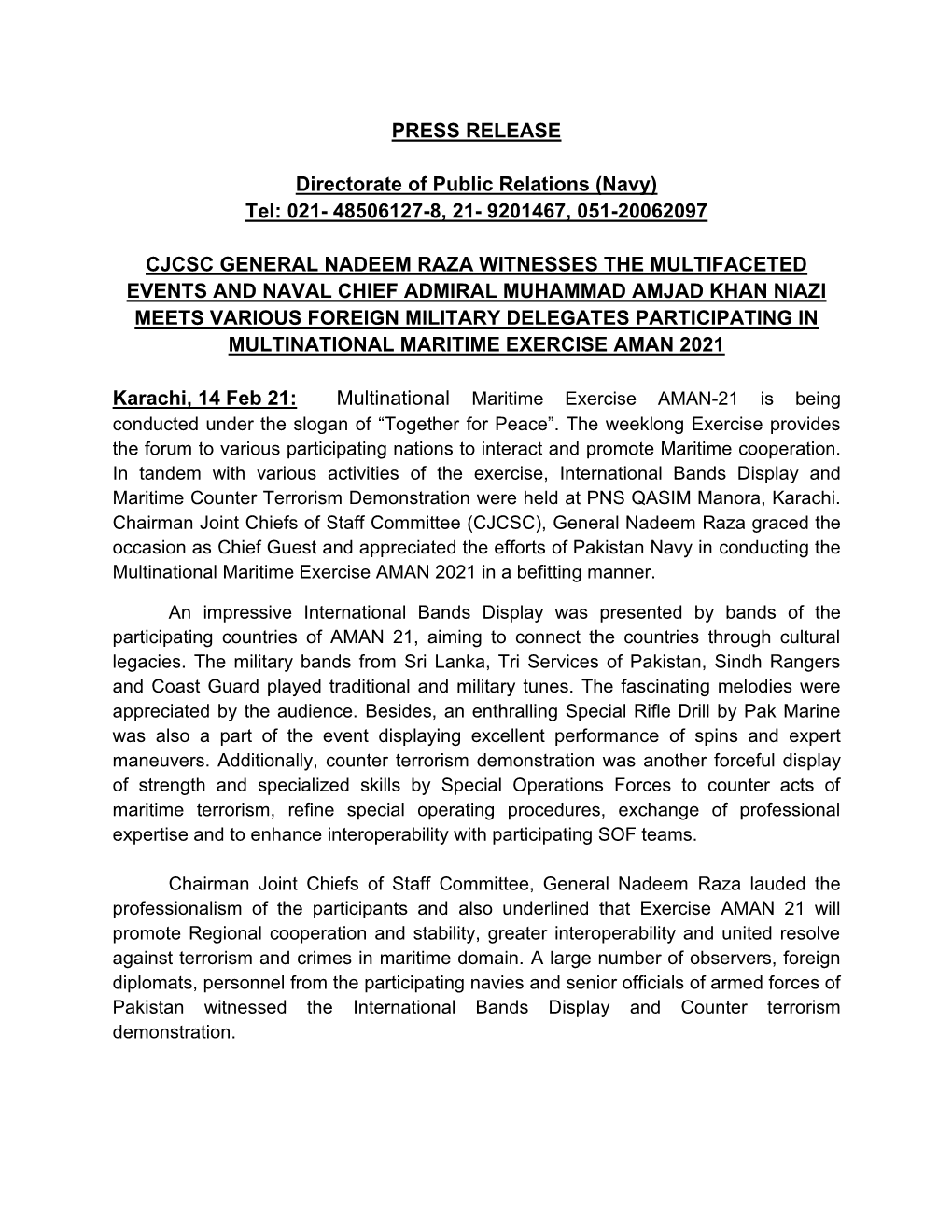 PRESS RELEASE Directorate of Public Relations