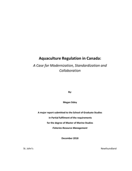 Aquaculture Regulation in Canada: a Case for Modernization, Standardization and Collaboration