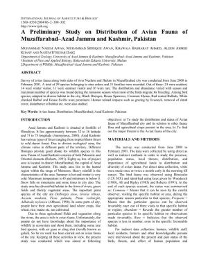 A Preliminary Study on Distribution of Avian Fauna of Muzaffarabad–Azad Jammu and Kashmir, Pakistan