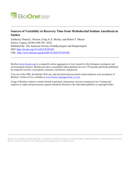 Sources of Variability in Recovery Time from Methohexital Sodium Anesthesia in Snakes Author(S) :Daniel L