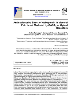 Antinociceptive Effect of Gabapentin in Visceral Pain Is Not Mediated by GABAA Or Opioid Receptors