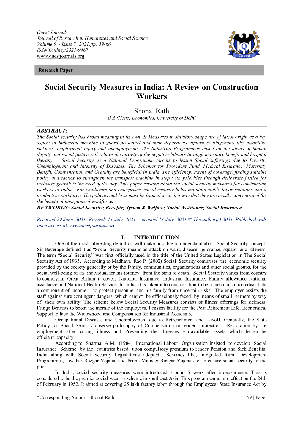 Social Security Measures in India: a Review on Construction Workers