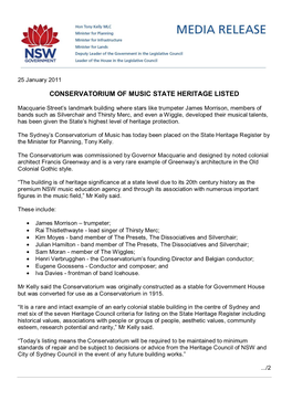 Conservatorium of Music State Heritage Listed