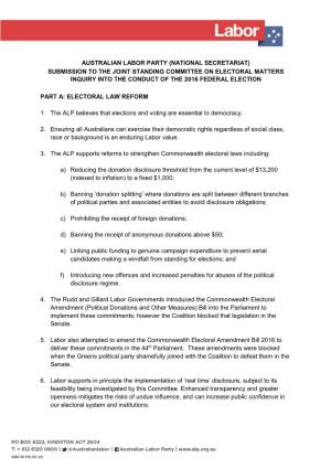Australian Labor Party (National Secretariat) Submission to the Joint Standing Committee on Electoral Matters Inquiry Into the Conduct of the 2016 Federal Election