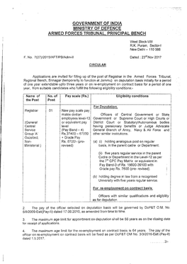 Circular Regarding Recruitment of Registrar in Armed Forces Tribunal